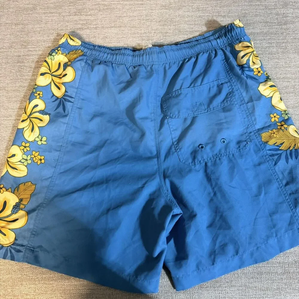 Bungalow Brand Shorts Mens Small Blue Floral Hawaiian Swim Trunks Mesh Lined